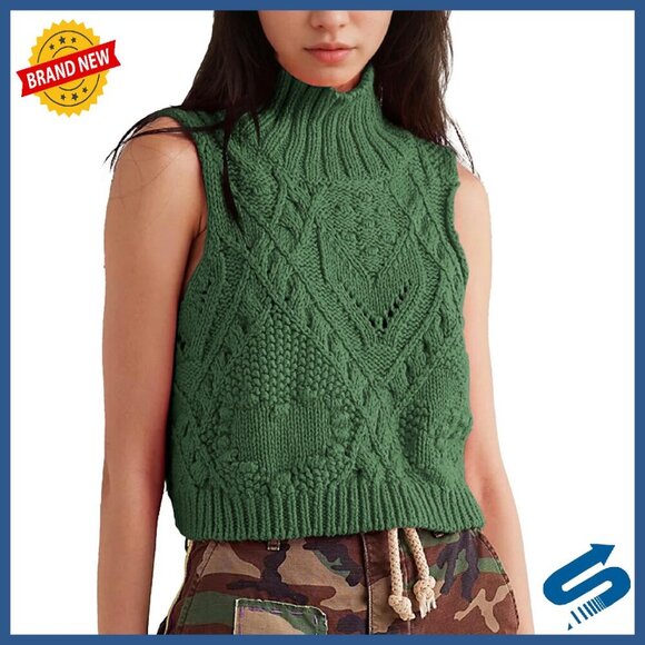 Sweaters - Cotton Crochet Turtleneck Sweater Vest Women's Sleeveless Pullover Fall
